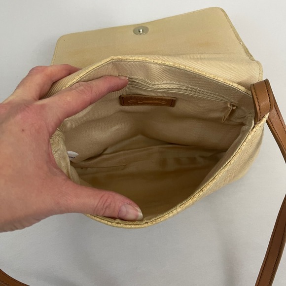 Vintage Fossil Straw Crossbody Bag Purse Floral Embroidered Tan‎ Leather Strap - Picture 8 of 13